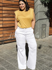 Pantalón talle medio bota recta blanco